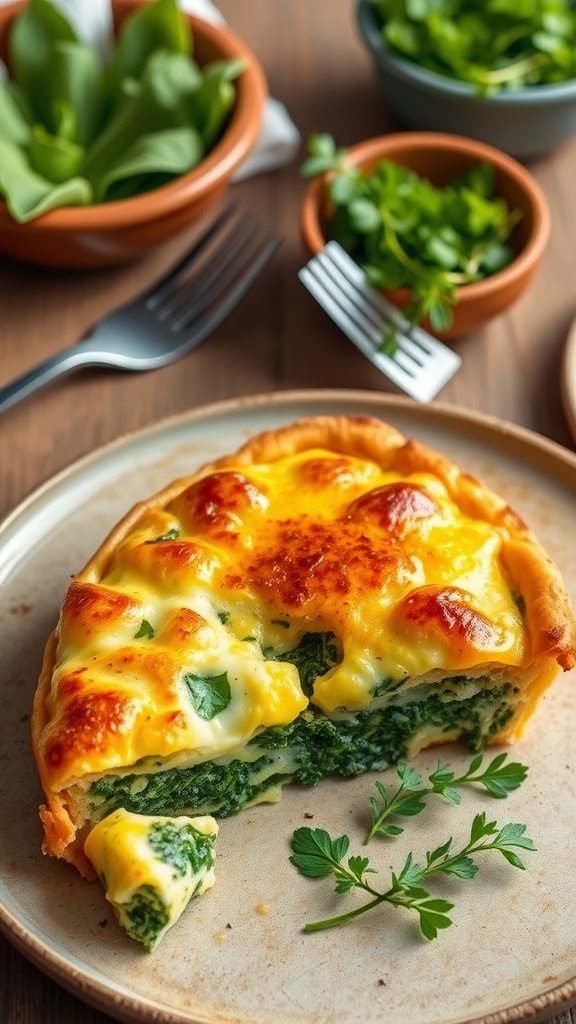 Savory spinach and egg bake on a plate, garnished with herbs and served with mixed greens.